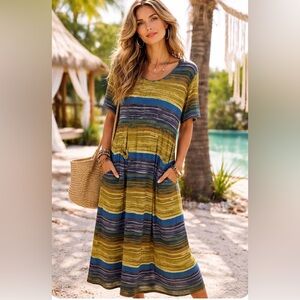 Vintage Pretty Pink Sz L Vibrant Colorful Rayon Back Button Front Pockets Maxi